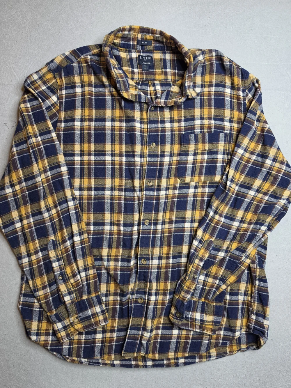 J.Crew Men's Yellow & Navy Plaid Flannel Shirt XL Slim